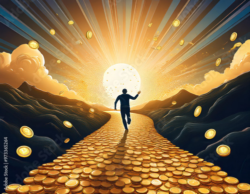 Wallpaper Mural Businessman running on a path paved with gold coins toward a bright light and golden sky, a concept of wealth and success Torontodigital.ca