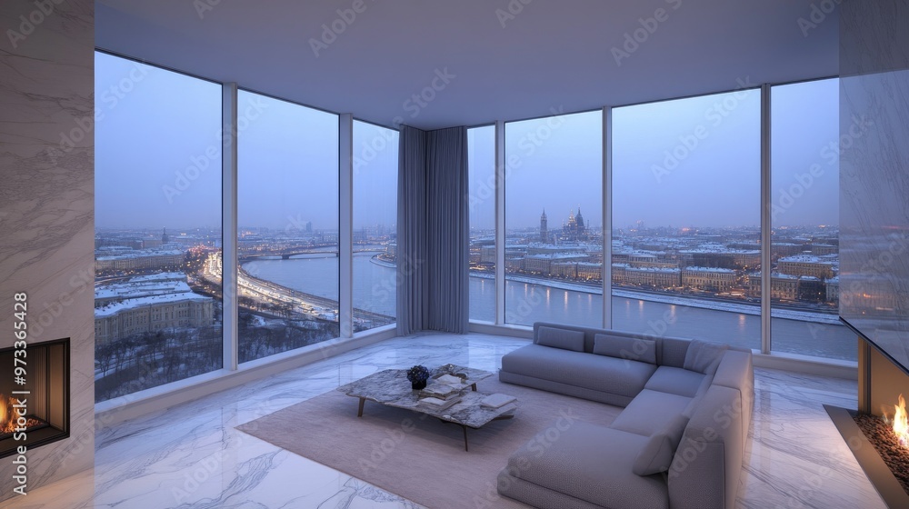 Fototapeta premium This elegant living room features a grey sofa and a dining table, with floor-to-ceiling windows showcasing a snowy river view in a modern mansion