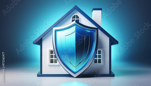Wallpaper Mural Blue shield is protecting a modern minimalist house with a blue background, depicting the concept of home security Torontodigital.ca