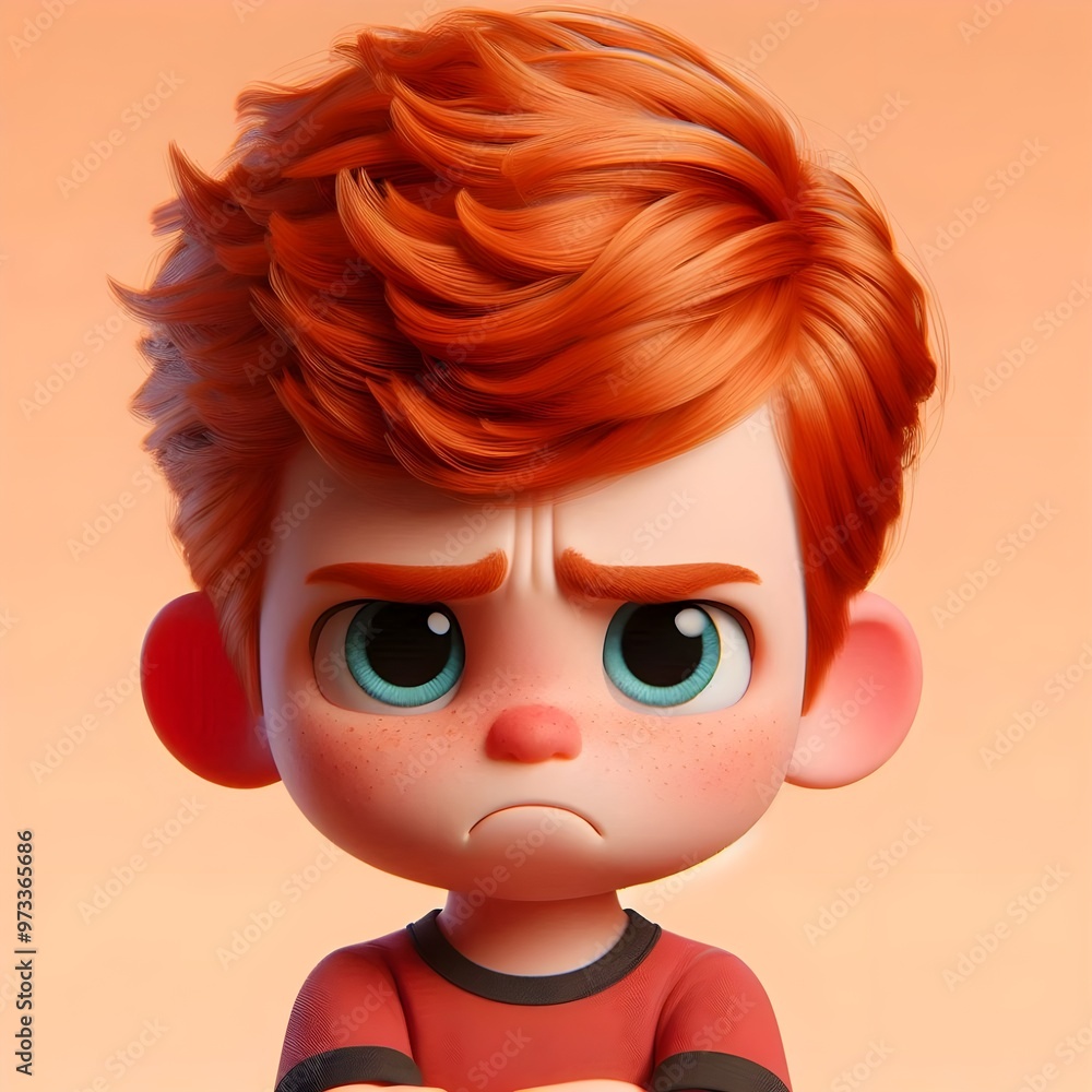 A young sad boy with messy red hair shows a frown, expressing frustration A young sad boy with messy red hair shows a frown, expressing frustration