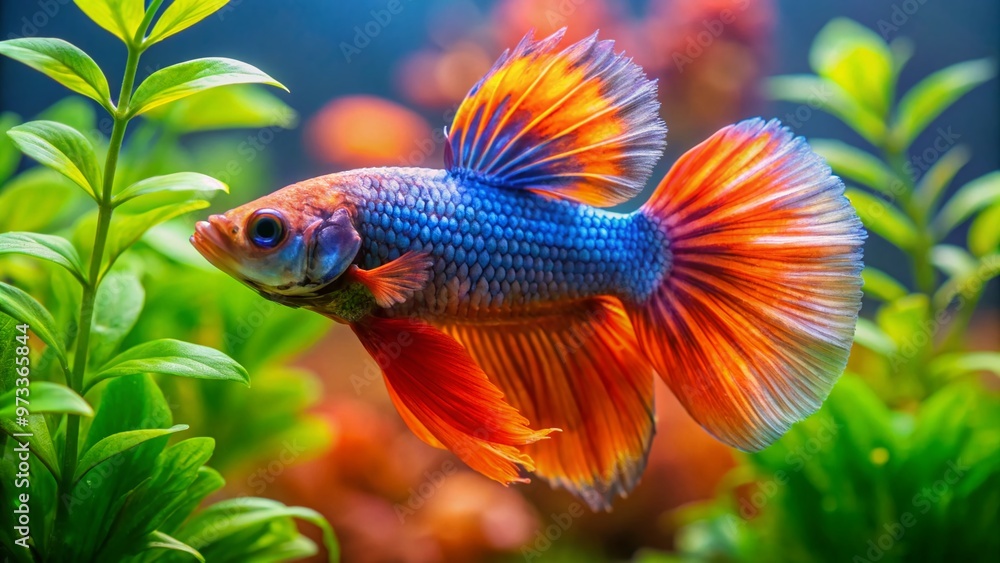 Vibrant orange and blue baby betta fish swim in a mini aquatic plant-filled tank, its delicate fins and scales glistening in the soft, filtered light. Vibrant orange and blue baby betta fish swim in a mini aquatic plant-filled tank, its delicate fins and scales glistening in the soft, filtered light.