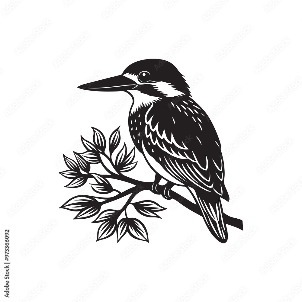 Fototapeta premium Beautiful Kingfisher Bird Art, Kingfisher Silhouette Illustration on Tree Branch, Artistic Kingfisher Bird Silhouette, Simple Kingfisher Bird Outline Illustration,Kingfisher Silhouette 
