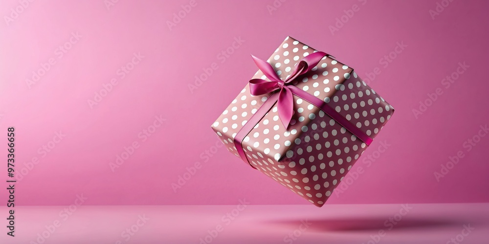 Fototapeta premium Polka dot gift box with ribbon floating in mid air against a pink background, ribbon, floating, falling, levitation, macro, pink background