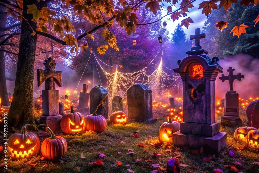 Obraz premium Vibrant orange and purple lights illuminate a spooky graveyard scene with cobweb-covered tombstones, ghostly figures,