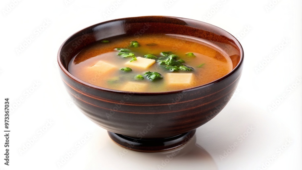 Miso Soup Bowl isolated on a white background macro image, warm, Healthy food, soybean paste,Miso soup, seaweed, Japanese food, bowl, macro, white background, appetizer, hot soup Miso Soup Bowl isolated on a white background macro image, warm, Healthy food, soybean paste,Miso soup, seaweed, Japanese food, bowl, macro, white background, appetizer, hot soup
