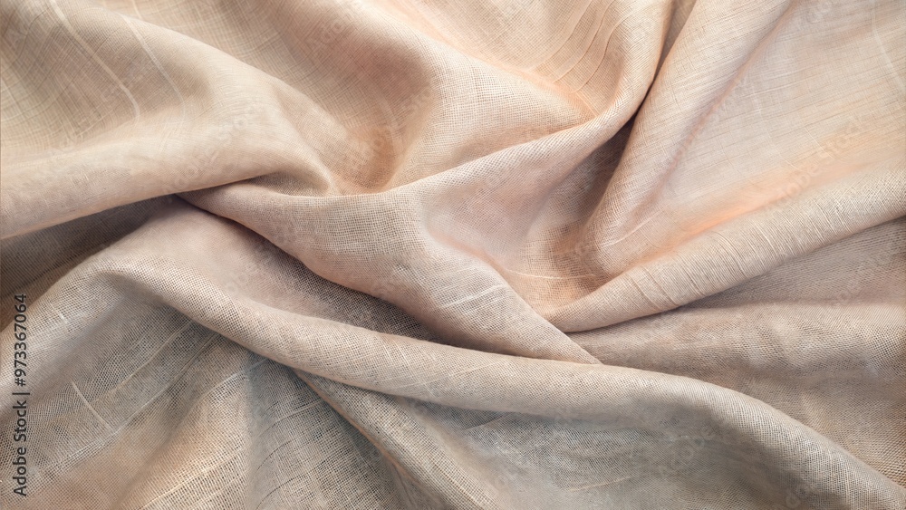 Fototapeta premium Soft textured fabric in light beige tones, draped background, with copy space