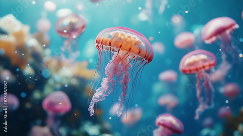 Jellyfishs swimming in blue ocean underwater animal photo