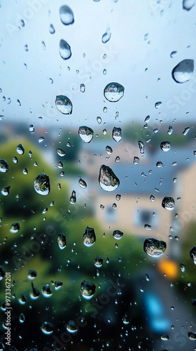 Rainy day view from a window with droplets on glass, capturing a soft urban landscape