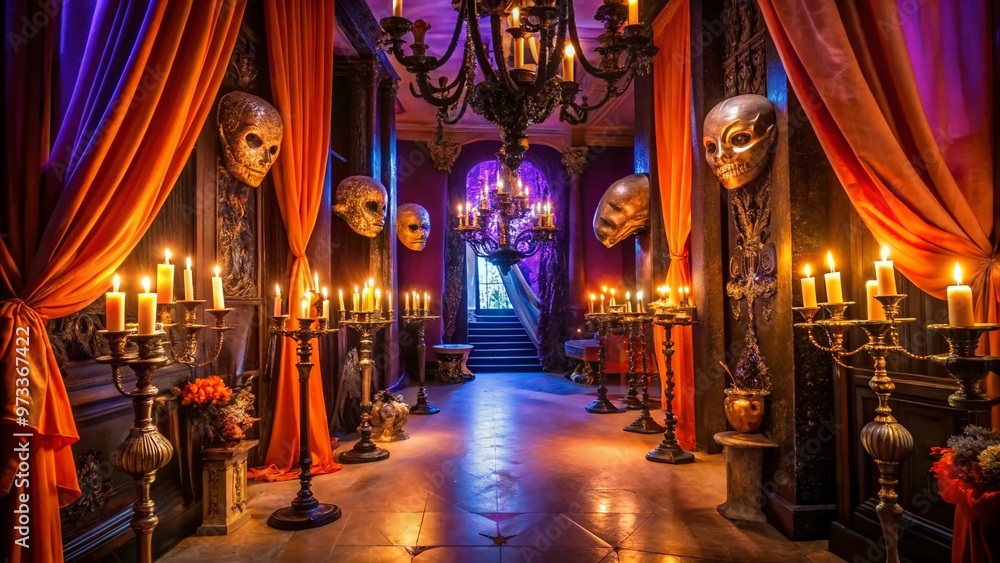 Fototapeta premium Vibrant orange and purple masquerade ball decorations adorn a dimly lit spooky mansion hallway, complete with candelabras, velvet drapes, and mysterious ornate masks on pedestals.