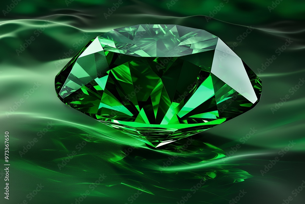 A large, emerald green gemstone with many facets rests on a green satin-like surface.