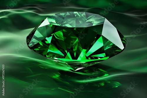 Obraz na płótnie A large, emerald green gemstone with many facets rests on a green satin-like surface. w salonie