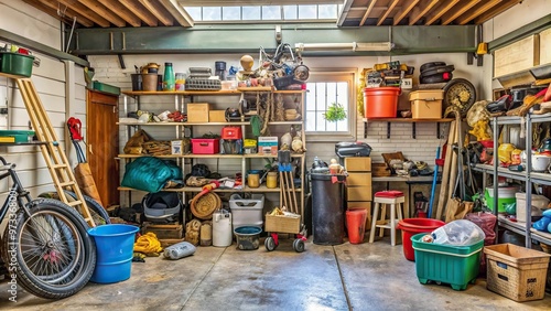 A cluttered and disorganized suburban garage corner filled with old household junk and miscellaneous items, garage, clutter, junk, old, suburban, miscellaneous, disorganized, corner, items