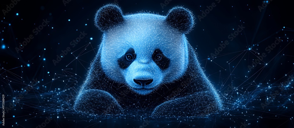 A glowing blue digital panda bear with a dark background. A glowing blue digital panda bear with a dark background.
