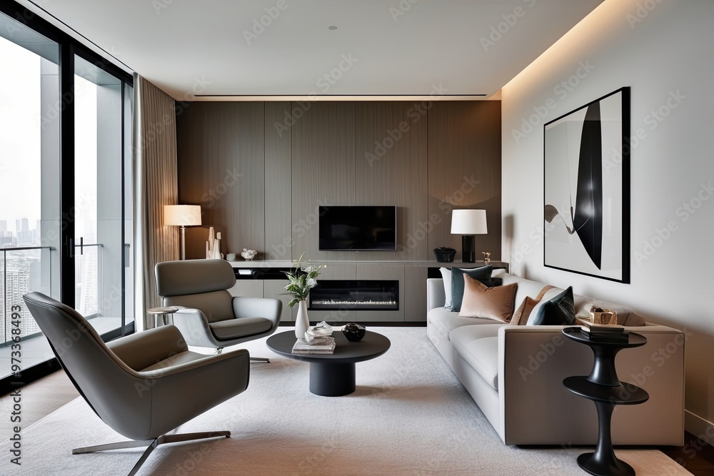 Modern Minimalist Living Room Featuring Designer Chair and Chic Furniture in Upscale Apartment Design Modern Minimalist Living Room Featuring Designer Chair and Chic Furniture in Upscale Apartment Design