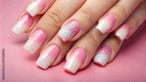 Vibrant pink and white ombre acrylic nails with subtle glitter accents on a natural nail bed, against a soft pastel pink background, exuding feminine charm.