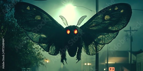 mothman cryptid with large wingspan and glowing eyes in the darkness,  photo