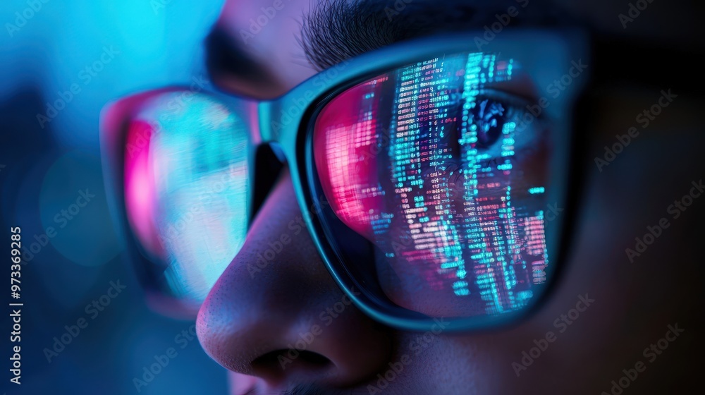 Man with data reflections on eyeglasses, symbolizing a computer programmer or UX designer. Man with data reflections on eyeglasses, symbolizing a computer programmer or UX designer.