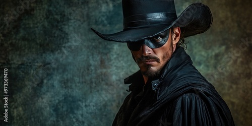 zorro - dashing man wearing black mask, hat, and outfit