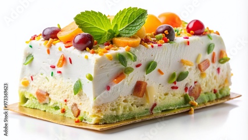 Vibrant scoop of traditional Sicilian cassata ice cream, pastel-hued layers of sponge cake, ricotta, and candied fruit, adorned with colorful sprinkles on a white background. photo