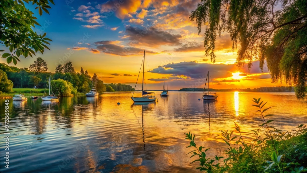 Vibrant summer sunset on August 23rd, warm golden light illuminates a serene lake scene with lush greenery and sailboats drifting in the calm waters. Vibrant summer sunset on August 23rd, warm golden light illuminates a serene lake scene with lush greenery and sailboats drifting in the calm waters.