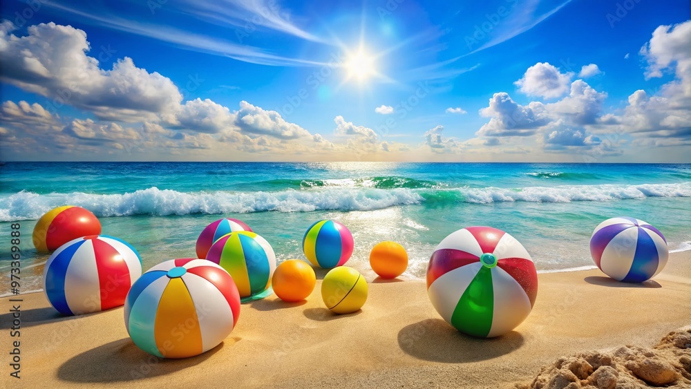 Obraz premium Vibrant summer scene featuring colorful beach balls and inflatables scattered on sun-kissed sand, with turquoise ocean waves gently lapping in the background.