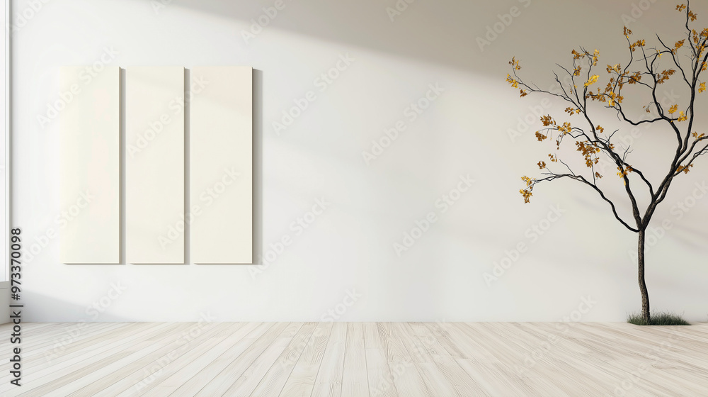 Empty wall and floor. Autumn season. Nature branches trees yellow, leaves falling. Wall panels, strict texture, soft pastel colors. Light dark highlights shadows. Empty wall and floor. Autumn season. Nature branches trees yellow, leaves falling. Wall panels, strict texture, soft pastel colors. Light dark highlights shadows.