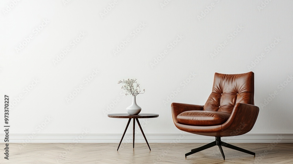 Modern mid-century and minimalist interior of a living room featuring a leather armchair with a table against a white wall and wood floor. Modern mid-century and minimalist interior of a living room featuring a leather armchair with a table against a white wall and wood floor.