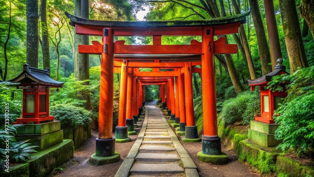 Vibrant vermilion torii gates flank a serene forest path, leading to a tranquil Shinto shrine amidst lush greenery in Tokyo's Bunkyō district. Vibrant vermilion torii gates flank a serene forest path, leading to a tranquil Shinto shrine amidst lush greenery in Tokyo's Bunkyō district.