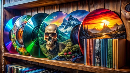 Vibrant vinyl records with colorful sleeves featuring fantasy landscapes, skulls, and iconic imagery adorn a wooden shelf, capturing the essence of classic rock music's visual identity. photo