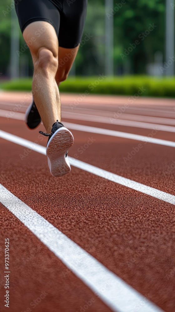 Obraz premium An athlete's feet push off a red track, racing forward in the morning light. The blurred background highlights focus on speed and the effort of outdoor running