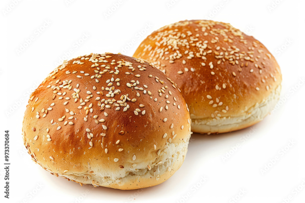 Soft buns sprinkled with sesame seeds. Burger bun with sesame seeds on white background Soft buns sprinkled with sesame seeds. Burger bun with sesame seeds on white background