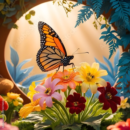 A close-up of a monarch butterfly with open wings, surrounded by colorful wildflowers.