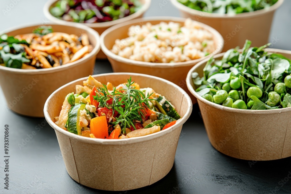Organic takeout food in paper containers, emphasizing eco-friendly packaging. Organic takeout food in paper containers, emphasizing eco-friendly packaging.