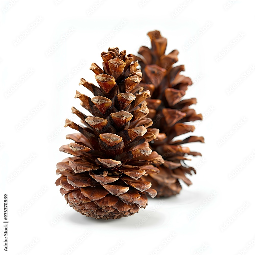 Two pine cones isolated on white background. Brown, open up to release seeds wild pinecones. Two pine cones isolated on white background. Brown, open up to release seeds wild pinecones.