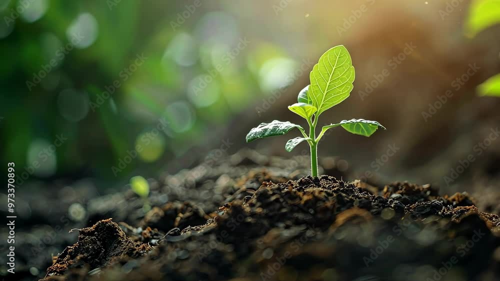 A small plant grows in rich soil under sunlight during the early morning hours in a natural setting A small plant grows in rich soil under sunlight during the early morning hours in a natural setting