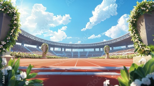 Olympic gold medal podium scene with laurel wreaths in an open stadium, celebrating athletic achievement.