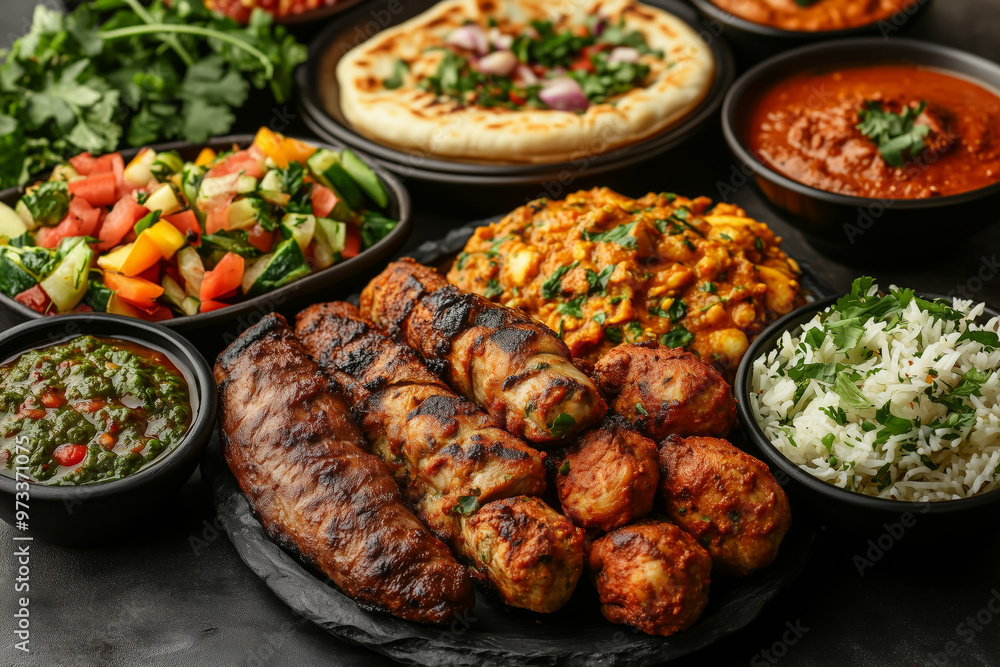Delicious spread of chicken, beef, and fresh vegetables served in traditional cookware at an evening feast with friends Delicious spread of chicken, beef, and fresh vegetables served in traditional cookware at an evening feast with friends