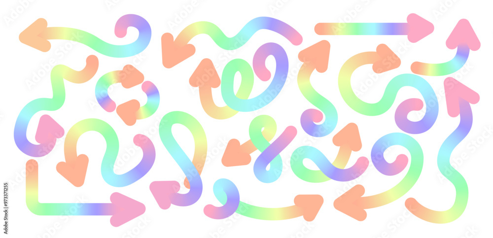 Fototapeta premium Set of gradient iridescent curved wavy arrows .Collection of linear colorful arrows, curved pointers. Vector design element.