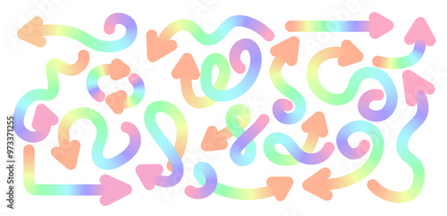 Set of gradient iridescent curved wavy arrows .Collection of linear colorful arrows, curved pointers. Vector design element.