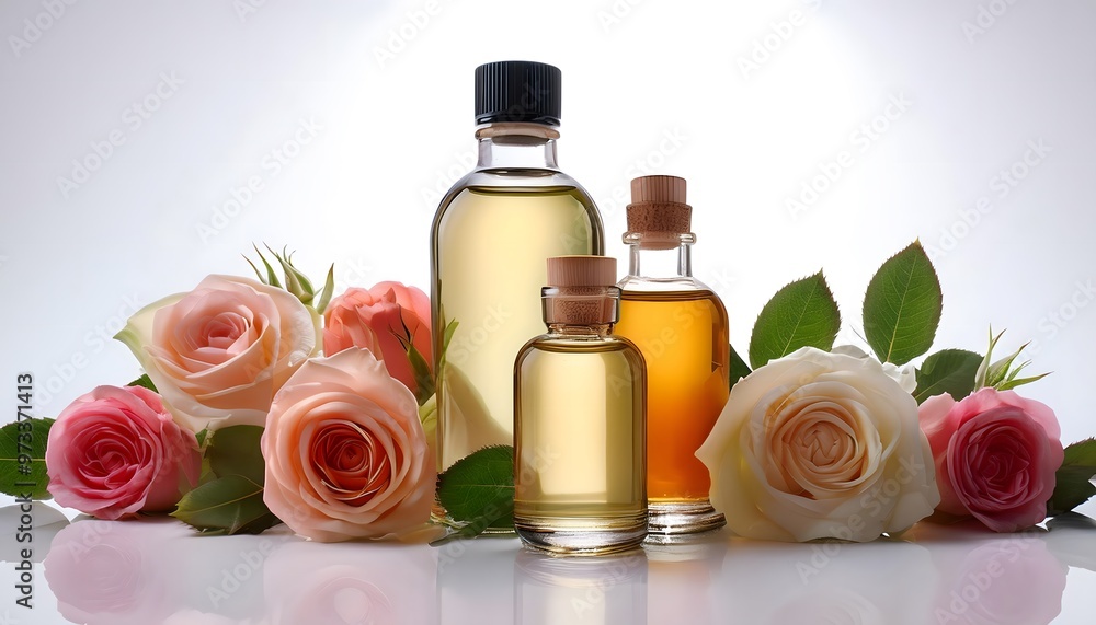Bottles of aroma oil surrounded by fresh roses on a white background Bottles of aroma oil surrounded by fresh roses on a white background