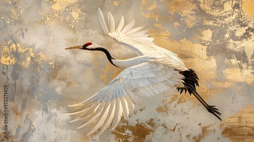 A white crane with red head and black neck flying with its wings spread against a golden and grey textured background.