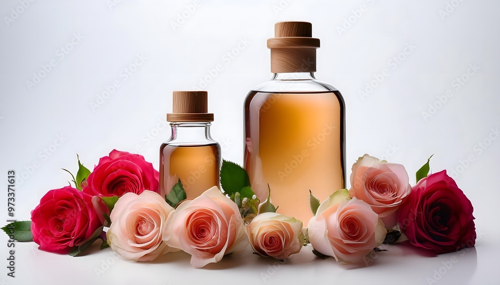 Bottles of aroma oil surrounded by fresh roses on a white background Bottles of aroma oil surrounded by fresh roses on a white background