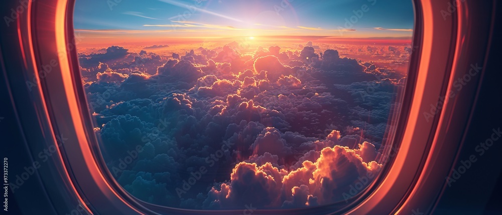 Fototapeta premium Airplane window with beautiful sky 