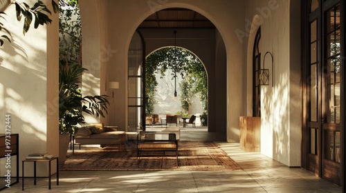 Soft light filters through arched entryways, casting warm glows and creating a welcoming ambiance.