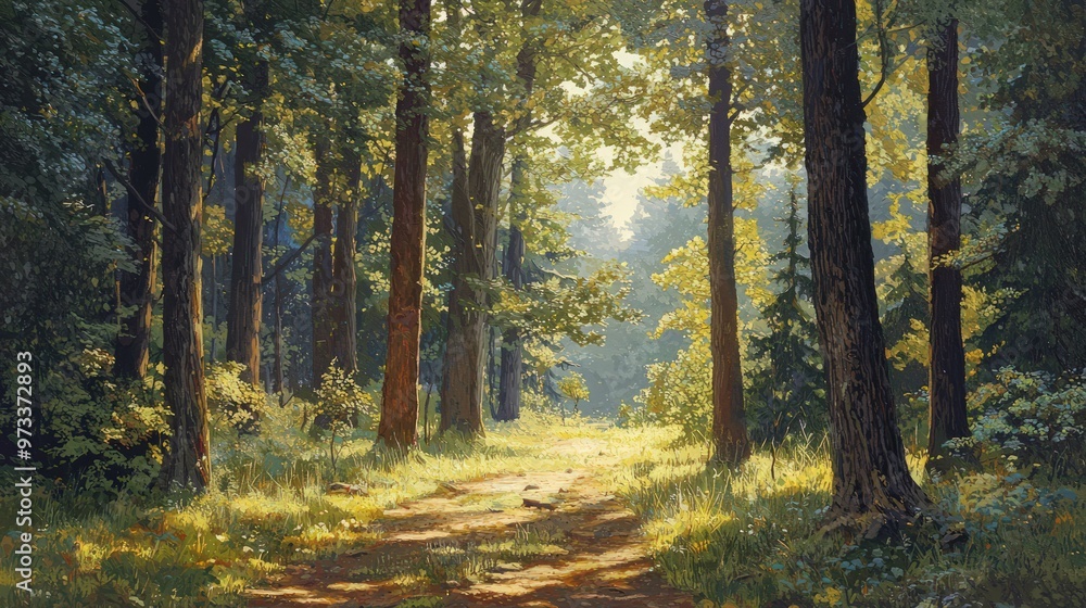 Sunlight pierces the canopy of tall trees, casting light on a tranquil woodland trail. Sunlight pierces the canopy of tall trees, casting light on a tranquil woodland trail.