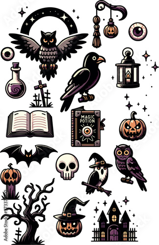 Halloween clip art witch icon set black and white outline magic book illustration owl bird contour castle silhouette jack pumpkin sign lantern grave tree spooky drawing design elements bat wings stars