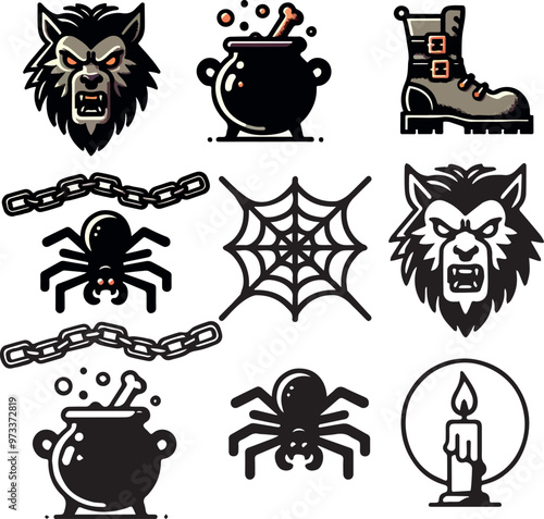 Werewolf Set line art drawing clipart halloween holiday party invitation Witch minimalist icons magic item prop Gothic sticker design elements occult scary  monster outline contour creature design
