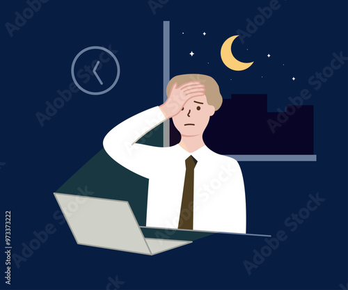 Depressed businessman working alone with computer in office, feeling tired and sleepy. Overwork, burnout, stress concept. Flat character design vector illustrations with night cityscape background.
