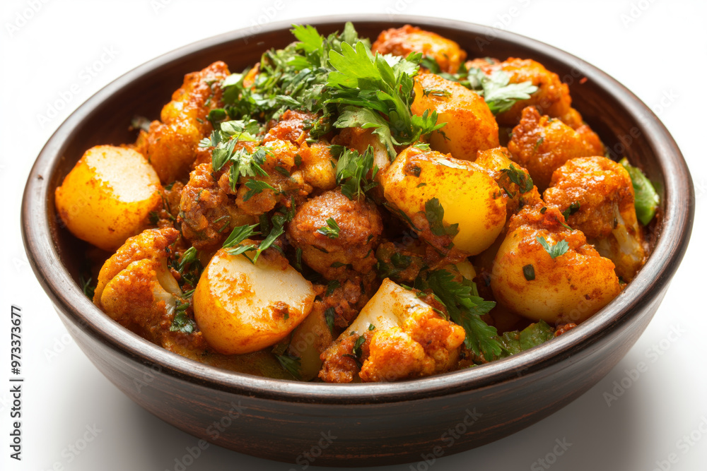 Aloo gobi creation featuring spiced potatoes and vibrant cauliflower in a rustic bowl Aloo gobi creation featuring spiced potatoes and vibrant cauliflower in a rustic bowl