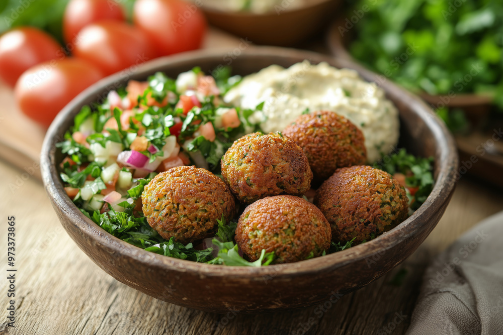 A vibrant plate of falafel accompanied by creamy hummus and fresh tabouleh, perfect for a leisurely lunch at a bustling Mediterranean cafe A vibrant plate of falafel accompanied by creamy hummus and fresh tabouleh, perfect for a leisurely lunch at a bustling Mediterranean cafe